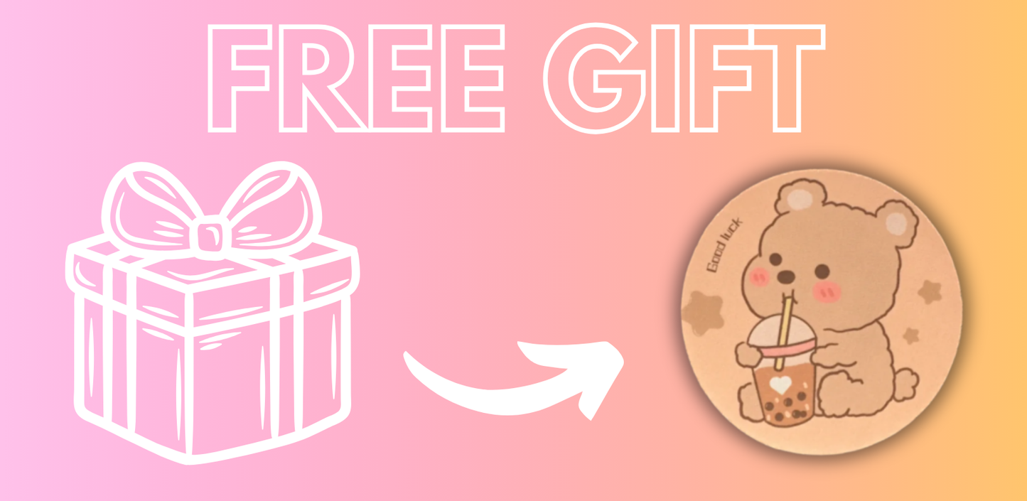 Boba Bear Coaster offered as a free gift with purchase, featuring a cute light brown bear with pink cheeks, enjoying a cup of boba.
