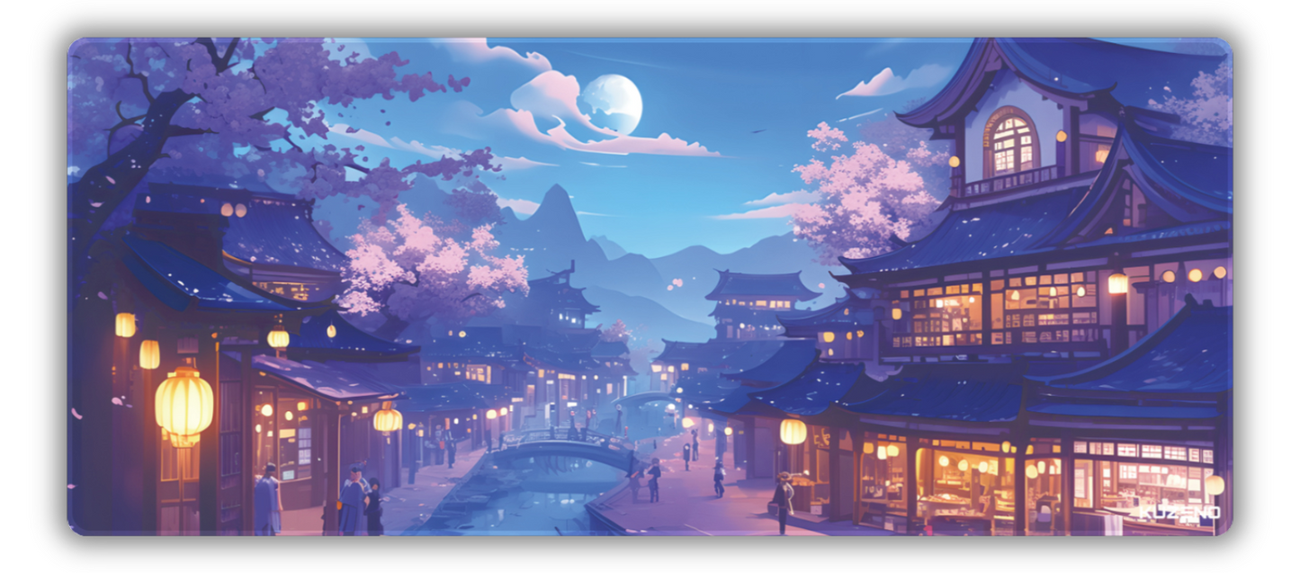 Lantern Glow gaming mousepad featuring a serene Japanese village at night, illuminated by glowing lanterns and surrounded by cherry blossoms, creating a peaceful atmosphere.