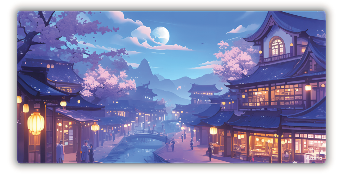 Lantern Glow gaming mousepad featuring a serene Japanese village at night, illuminated by glowing lanterns and surrounded by cherry blossoms, creating a peaceful atmosphere.