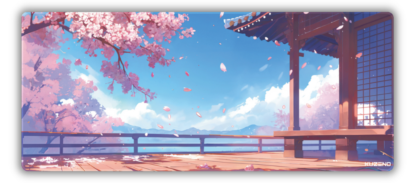Sakura Skies gaming mousepad featuring blooming cherry blossoms, a traditional pagoda, and serene mountains beneath a clear sky, creating a peaceful and calming atmosphere.