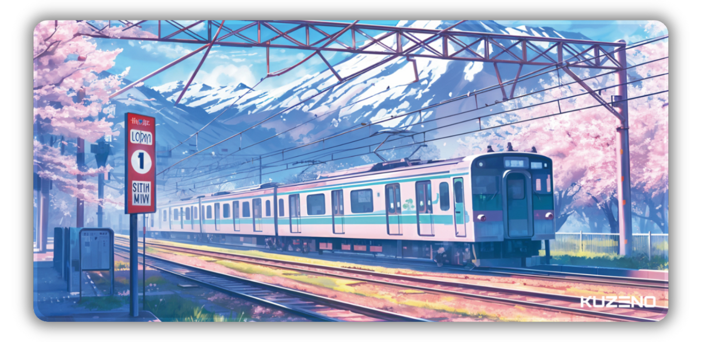 Scenic Express gaming mousepad featuring a train journey through picturesque cherry blossoms and majestic snow-capped mountains, creating a serene and vibrant atmosphere.