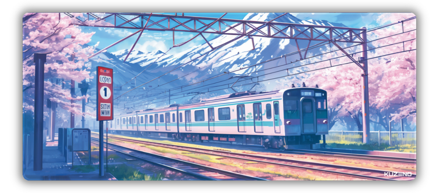 Scenic Express gaming mousepad featuring a train journey through picturesque cherry blossoms and majestic snow-capped mountains, creating a serene and vibrant atmosphere.