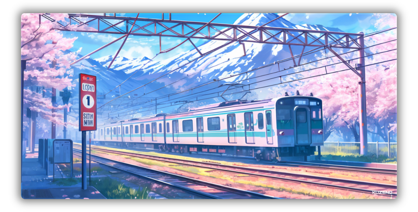 Scenic Express gaming mousepad featuring a train journey through picturesque cherry blossoms and majestic snow-capped mountains, creating a serene and vibrant atmosphere.