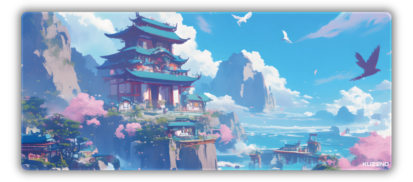 Soaring Serenity gaming mousepad featuring a cliffside pagoda surrounded by cherry blossoms, overlooking a tranquil ocean, creating an immersive and serene atmosphere.