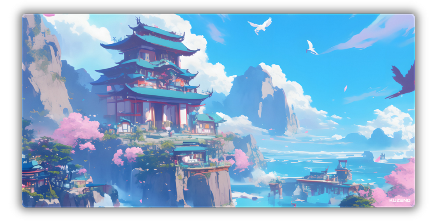 Soaring Serenity gaming mousepad featuring a cliffside pagoda surrounded by cherry blossoms, overlooking a tranquil ocean, creating an immersive and serene atmosphere.