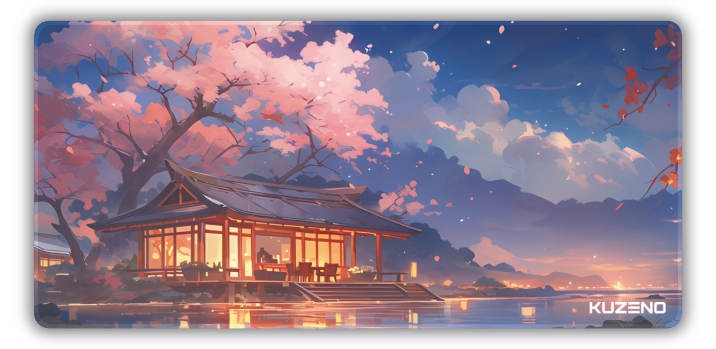 Twilight Haven gaming mousepad featuring a serene twilight scene with blooming cherry blossoms, creating a tranquil atmosphere.