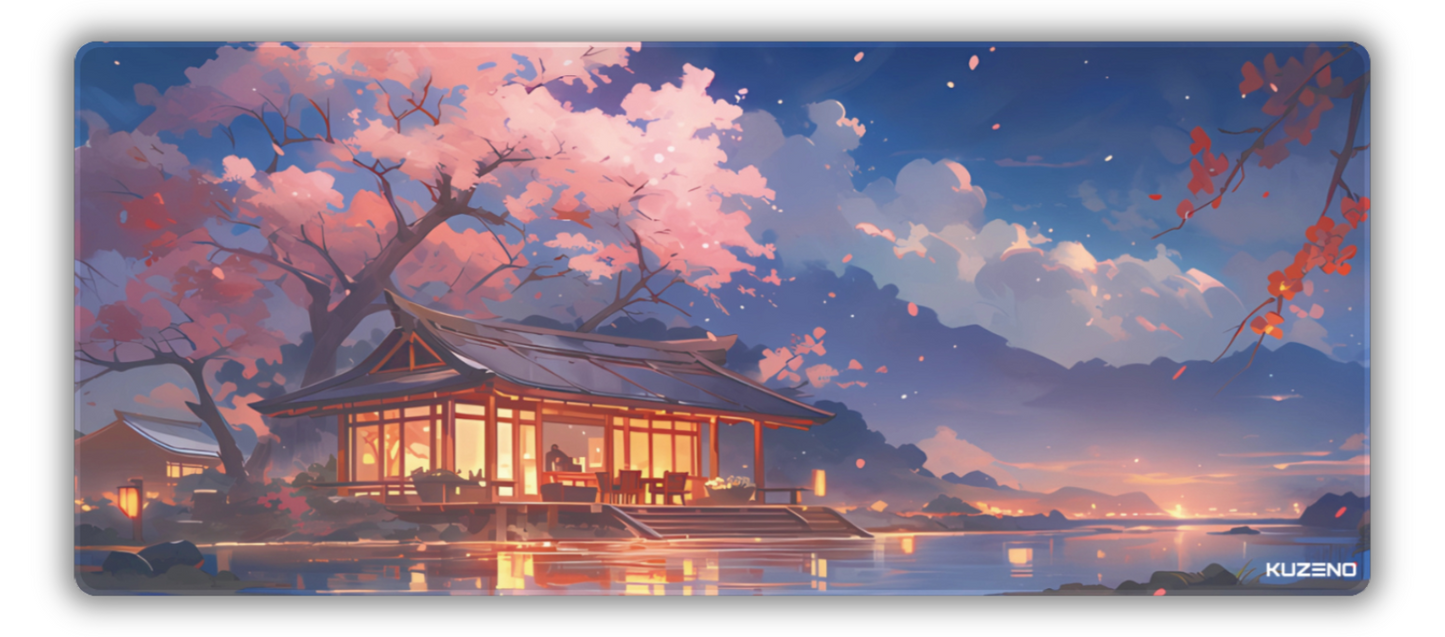 Twilight Haven gaming mousepad featuring a serene twilight scene with blooming cherry blossoms, creating a tranquil atmosphere.