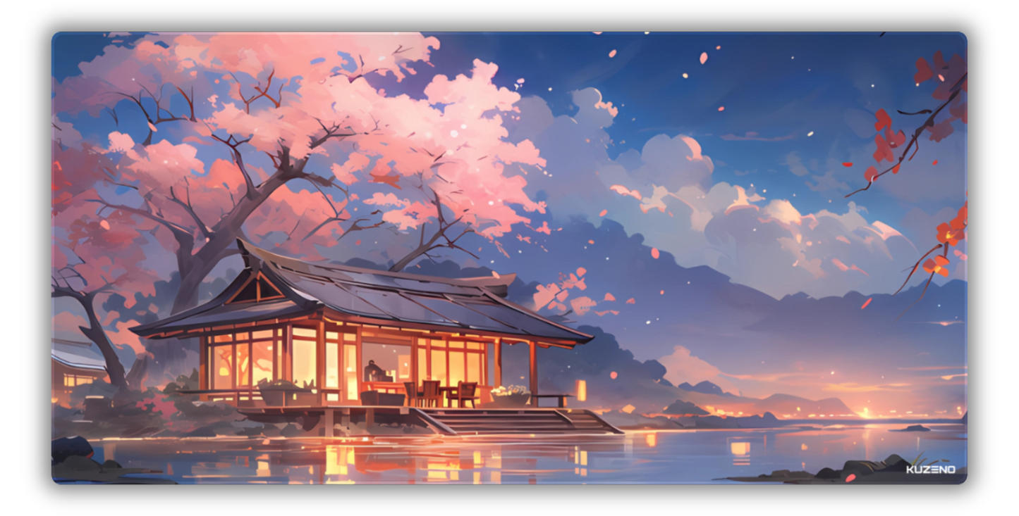 Twilight Haven gaming mousepad featuring a serene twilight scene with blooming cherry blossoms, creating a tranquil atmosphere.