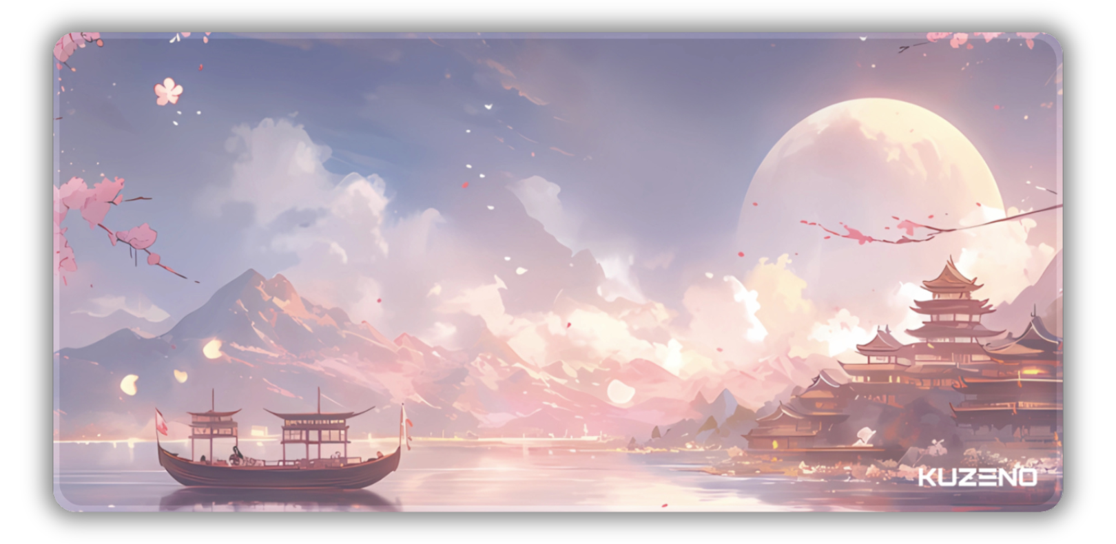 Blossom Bay gaming mousepad featuring serene cherry blossoms floating in the air, surrounded by majestic mountains, creating a relaxing scenery.