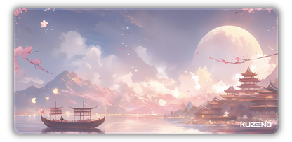 Blossom Bay gaming mousepad featuring serene cherry blossoms floating in the air, surrounded by majestic mountains, creating a relaxing scenery.