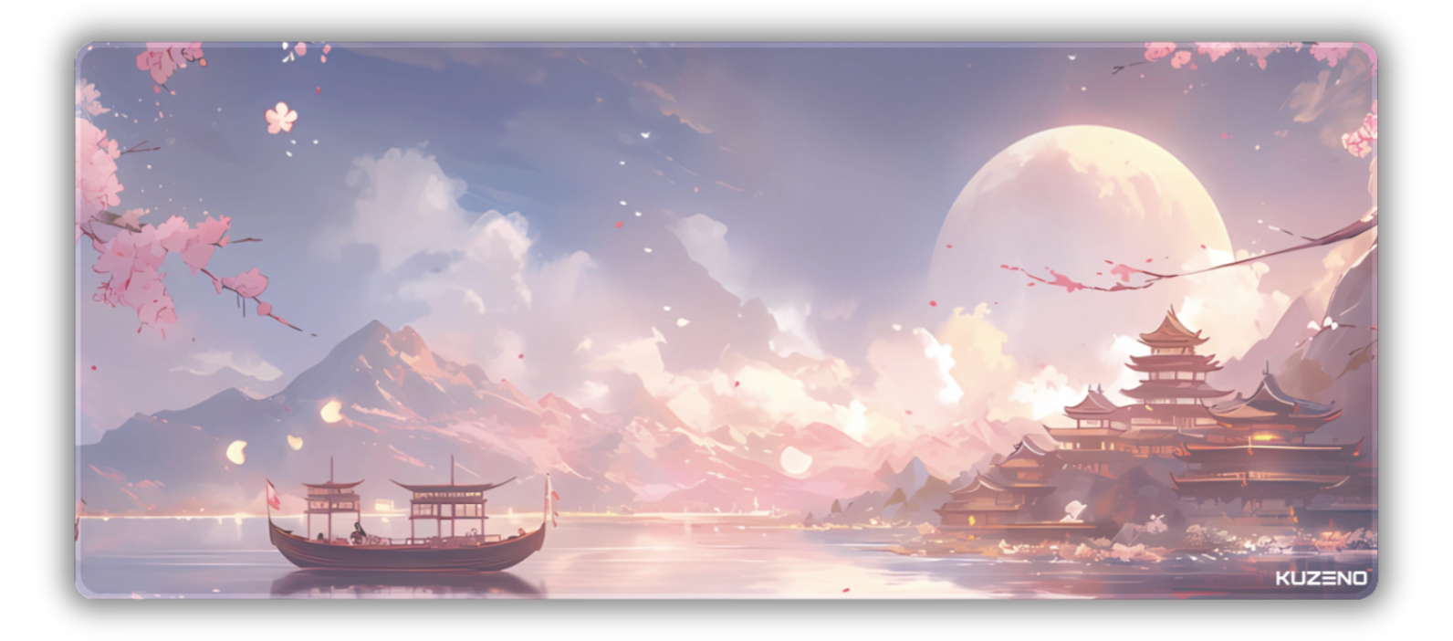 Blossom Bay gaming mousepad featuring serene cherry blossoms floating in the air, surrounded by majestic mountains, creating a relaxing scenery.