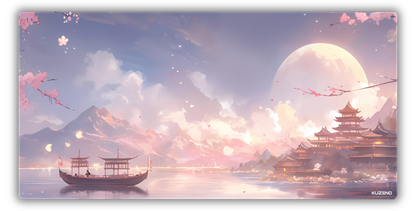 Blossom Bay gaming mousepad featuring serene cherry blossoms floating in the air, surrounded by majestic mountains, creating a relaxing scenery.