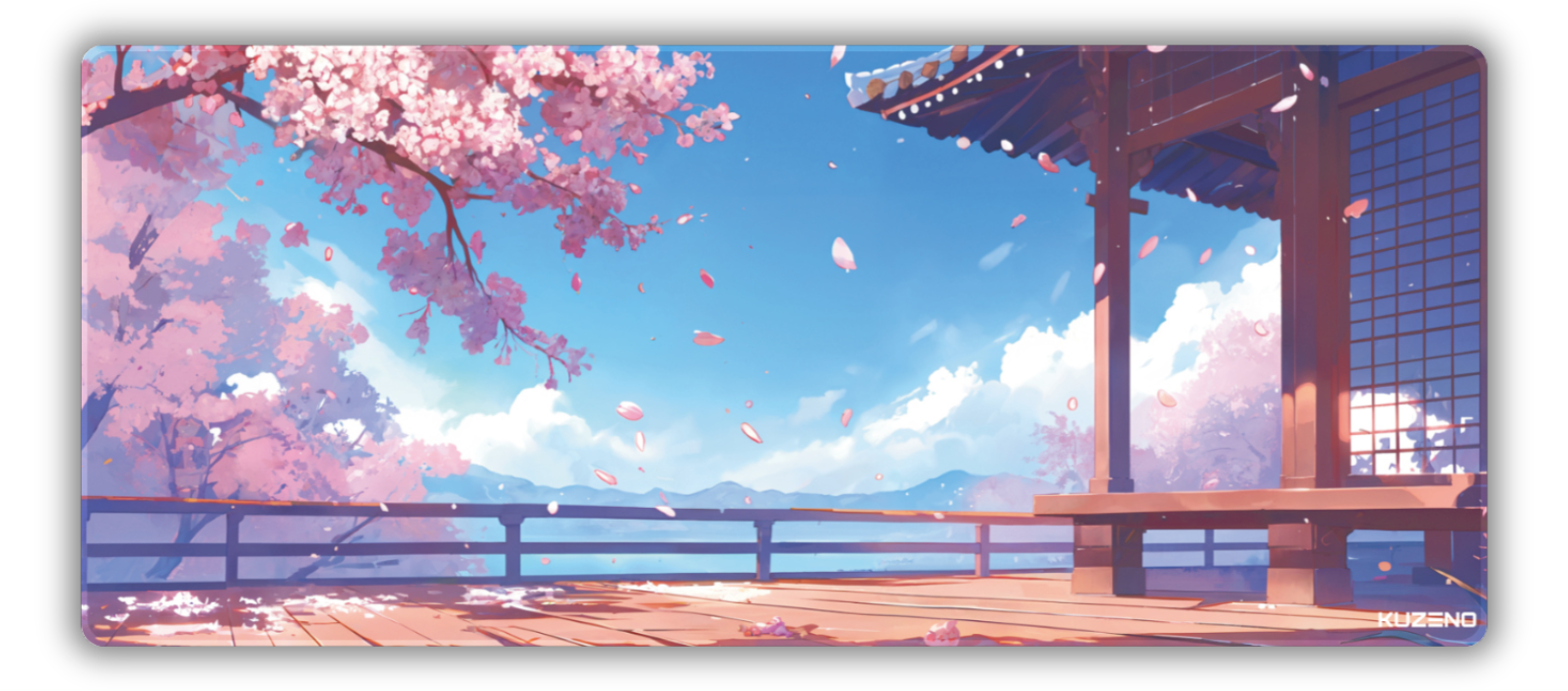 Sakura Skies gaming mousepad featuring blooming cherry blossoms, a traditional pagoda, and serene mountains beneath a clear sky, creating a peaceful and calming atmosphere.